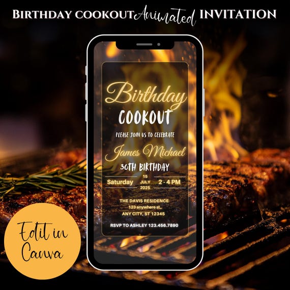 Animated Birthday Cookout Invitation, BBQ Video Invite Template, Grill & Chill Summer Party, Digital Text Message Invite, Canva Editable