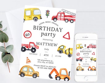 May include: Watercolor birthday party invitation featuring various vehicles like a yellow bus, red fire truck, and orange excavator. The invitation includes the text "HONK, BEEP, VROOM. BIRTHDAY party" and details for the event, including the honoree's name, date, and time.