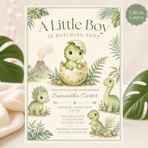 Puede incluir: Una tarjeta de invitación para baby shower con dinosaurios verdes en acuarela, un huevo eclosionando y un volcán. El texto dice A Little Boy Is Hatching Soon, Please Join Us For A Baby Shower Honoring Samantha Carter, Saturday, August 16th, 2:00 PM.