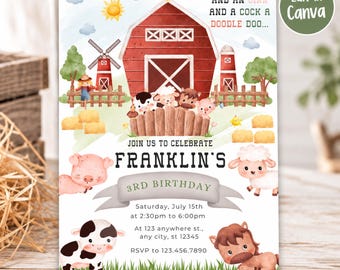 Könnte beinhalten: Eine Geburtstagseinladungskarte mit einer roten Scheune, einer Windmühle und Aquarell-Bauernhoftieren wie Schwein, Schaf, Kuh und Pferd. Der Text lautet: WITH A MOO AND AN OINK AND A COCK A DOODLE DOO... JOIN US TO CELEBRATE FRANKLIN'S 3RD BIRTHDAY.
