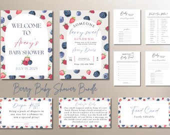 May include: A printable baby shower bundle with a berry theme. The bundle includes a welcome sign, invitation, diaper raffle sign, book request sign, food card, and two baby shower games. The design features watercolor illustrations of berries and blueberries.