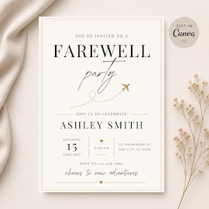 Puede incluir: Una invitación a una fiesta de despedida de color crema con texto negro y dorado. La invitación incluye el texto "FAREWELL party" con un pequeño gráfico de avión. También se incluye la fecha, la hora y la información de RSVP.