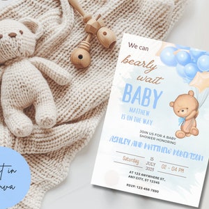 We Can Bearly Wait Baby Shower Invite | Teddy Bear Baby Shower Invitation | Editable Boho Bear Baby Shower Invitation Template