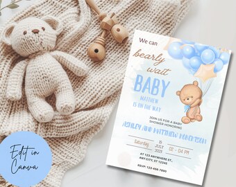 We Can Bearly Wait Baby Shower Invite | Teddy Bear Baby Shower Invitation | Editable Boho Bear Baby Shower Invitation Template