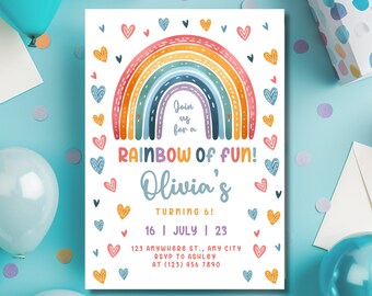 Può includere: Un invito di compleanno arcobaleno colorato con cuori e il testo "Join us for a Rainbow of Fun! Olivia's Turning 6! 16 | July | 23 123 Anywhere St., Any City RSVP to Ashley at (123) 456 7890"