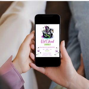 May include: A digital invitation for a "Ghoul Summer" party with a black and green illustration of a ghoul on a black swan float. The invitation includes the date, time, and location of the party.