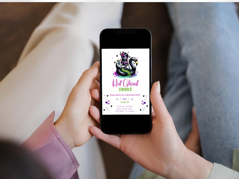 May include: A digital invitation for a "Ghoul Summer" party with a black and green illustration of a ghoul on a black swan float. The invitation includes the date, time, and location of the party.