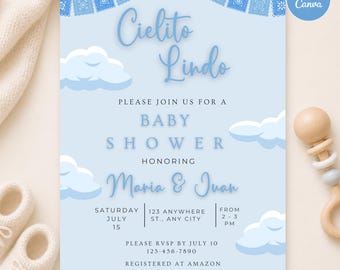 Cielito Lindo Baby Shower Invitation, Blue Talavera Mexican Boy Invite, Printable Fiesta Papel Picado Template