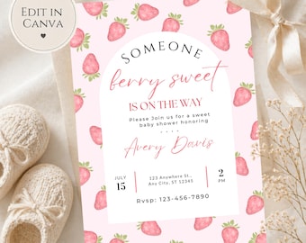 Strawberry Baby Shower Invitation, Berry Sweet Girl Invite, Editable Canva Template