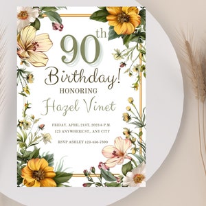 Faire-part 90e anniversaire pour femme, invitation florale jaune pour 90e anniversaire, modèle numérique de faire-part 90e anniversaire, fleurs d'invitation élégantes