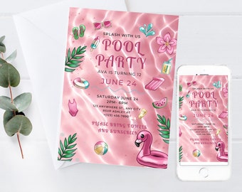 May include: Pink pool party invitation with a flamingo float, watermelon, and sunglasses. The text reads "Splash with us Pool Party Ava is turning 12 June 24".