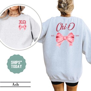 Chi Omega Peachy Ribbon Sorority Sweatshirt - Chi O Sorority Letters - Sorority Apparel - Big Little Reveal - GReek Sweatshirt