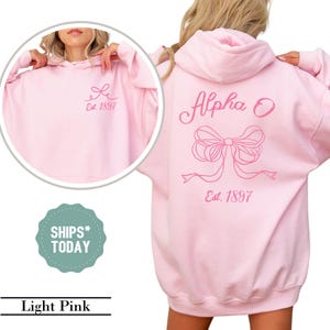 May include: Light pink hooded sweatshirt with a pink bow and the text "Alpha O Est. 1897" on the back.