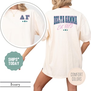 May include: Ivory-colored t-shirt with the Greek letters ΔΓ and three stars in teal on the front. The back of the shirt features the text "DELTA GAMMA Est. 1873" in teal and pink, with three teal stars below. The shirt is a Comfort Colors brand.