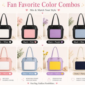 Puede incluir: Imagen que muestra ocho bolsos en varias combinaciones de colores, incluyendo negro con blanco, rosa, morado y azul, adem&aacute;s de rosa con blanco, azul con blanco, morado con amarillo e marfil con azul marino. Texto: "Fan Favorite Color Combos."