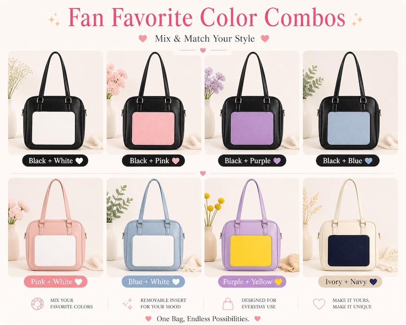 Puede incluir: Imagen que muestra ocho bolsos en varias combinaciones de colores, incluyendo negro con blanco, rosa, morado y azul, adem&aacute;s de rosa con blanco, azul con blanco, morado con amarillo e marfil con azul marino. Texto: "Fan Favorite Color Combos."