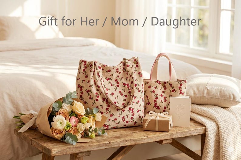 May include: A still-life arrangement featuring a bouquet of flowers, two tote bags, a gift box, and a card on a wooden bench. The bags and bouquet have a floral pattern. The text "Gift for Her / Mom / Daughter" is at the top.