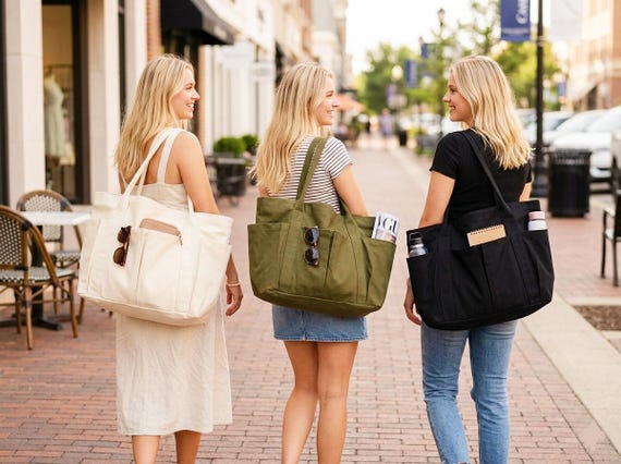 Personalized Shopping Tote Bag With Pockets – Embroidered Canvas Tote, Large Grocery Tote, Everyday Shoulder Bag, Market Bag