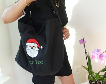 Santa Embroidered Canvas Crossbody Bag, Christmas Gifts Purse, Personalized Bag, Custom Tote Bags, Messenger bag, Personalized Gift,