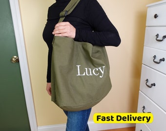 Personalized Oversized Canvas Tote Bag, USA Fast delivery. Personalized Embroidery Crossbody Totes, Large canvas cross body totebag.