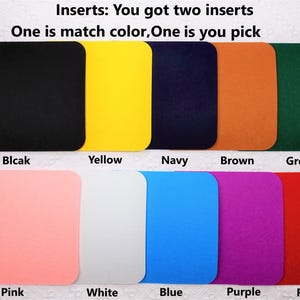 Puede incluir: Una colecci&oacute;n de inserciones cuadradas en varios colores: negro, amarillo, azul marino, marr&oacute;n, verde, rosa, blanco, azul, morado y rojo. El texto "Inserts: You got two inserts. One is match color, One is you pick" est&aacute; presente.