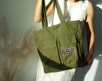 Personalized large Canvas Tote Bag, Work and Travel Computer Bag, Large Shopping Bag with Zipper and Pockets,  Duffle Shoulder Bags.