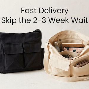 May include: Two canvas messenger bags, one black and one beige, are displayed. The black bag is closed, while the beige bag is open, revealing contents like a water bottle, notebook, and wallet. The text "Fast Delivery Skip the 2-3 Week Wait" is at the top.