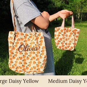 Personalized Floral Corduroy Tote Bag, Custom Name Embroidered Tote, Aesthetic Large Work Bag, Cute Lunch Bag, Gift for Her, College Totes image 4