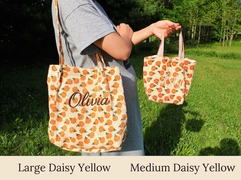 Personalized Floral Corduroy Tote Bag, Custom Name Embroidered Tote, Aesthetic Large Work Bag, Cute Lunch Bag, Gift for Her, College Totes image 4