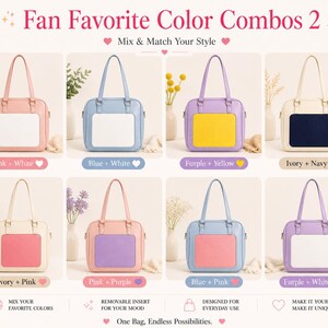 Puede incluir: Imagen de ocho bolsos tipo satchel de colores vibrantes con varias combinaciones, incluyendo rosa y blanco, azul y blanco, y morado y amarillo. El texto "Fan Favorite Color Combos 2" est&aacute; en la parte superior.
