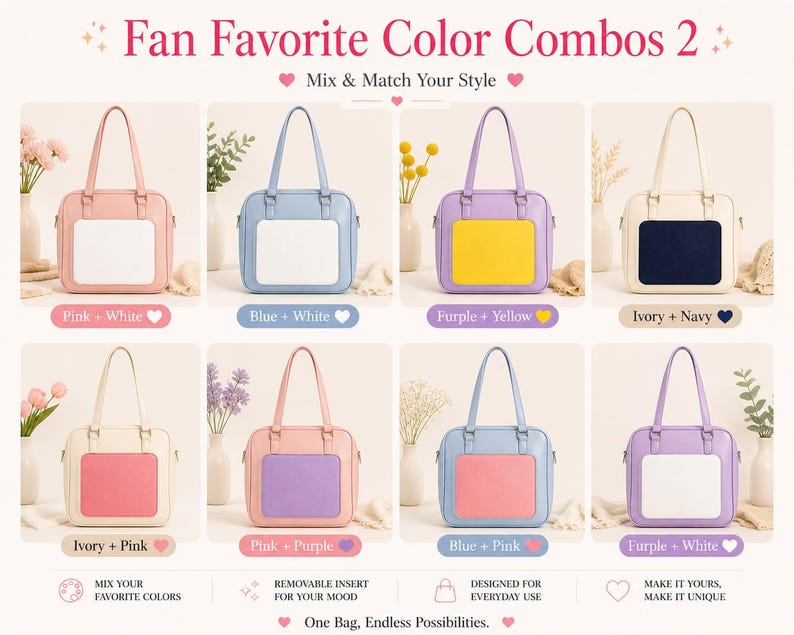 Puede incluir: Imagen de ocho bolsos tipo satchel de colores vibrantes con varias combinaciones, incluyendo rosa y blanco, azul y blanco, y morado y amarillo. El texto "Fan Favorite Color Combos 2" est&aacute; en la parte superior.