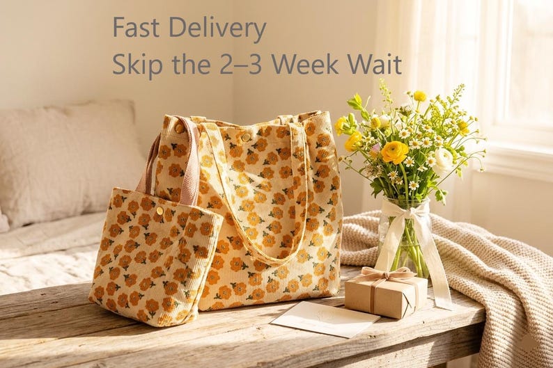 May include: A tote bag and small pouch set with a repeating floral pattern in shades of yellow and cream. The bags are on a wooden table, next to a bouquet of yellow and white flowers in a glass vase. The text "Fast Delivery Skip the 2-3 Week Wait" is at the top.