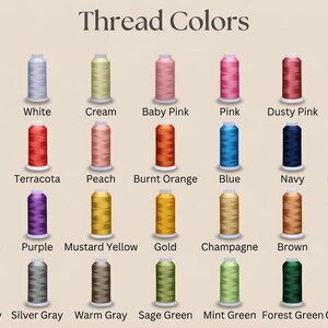 K&ouml;nnte beinhalten: Eine Farbkarte mit der Aufschrift "Thread Colors" zeigt 24 Garnspulen in verschiedenen Farben, darunter Schwarz, Wei&szlig;, Rot und Blau. Die Karte enth&auml;lt auch Rosat&ouml;ne, Orange, Gr&uuml;n und Braun, wobei jede Farbe unter der Spule beschriftet ist.