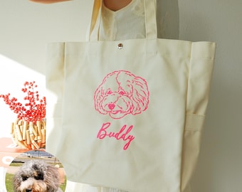 Custom Pet Portrait Tote Bag –Personalized Dog Cat Face Embroidery Bag, Canvas Shoulder Tote, Personalized Dog Mom Gift Durable Everyday Bag