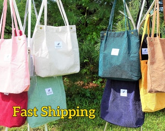 Personalized Embroidered Corduroy Tote Bag: Custom Multi-Color Shoulder Bag