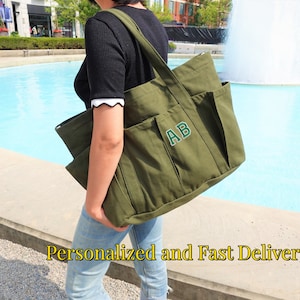 Personalized Extra large Canvas Tote Bag, Work and Travel Computer Bag, Large Shopping Bag with Zipper and Pockets Green