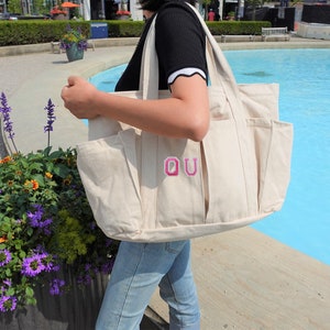 Personalized Extra large Canvas Tote Bag, Work and Travel Computer Bag, Large Shopping Bag with Zipper and Pockets Beige