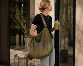 Personalized Embroidered Canvas Newspaper Bag: Large Crossbody Tote, Custom Book Bag, Everyday Messenger Purse, Custom Shoulder Bag.