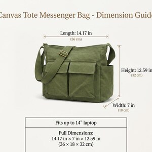 May include: Olive green canvas messenger bag with multiple pockets and an adjustable shoulder strap. The bag's dimensions are 14.17 inches in length, 7 inches in width, and 12.59 inches in height. The bag fits up to a 14-inch laptop.