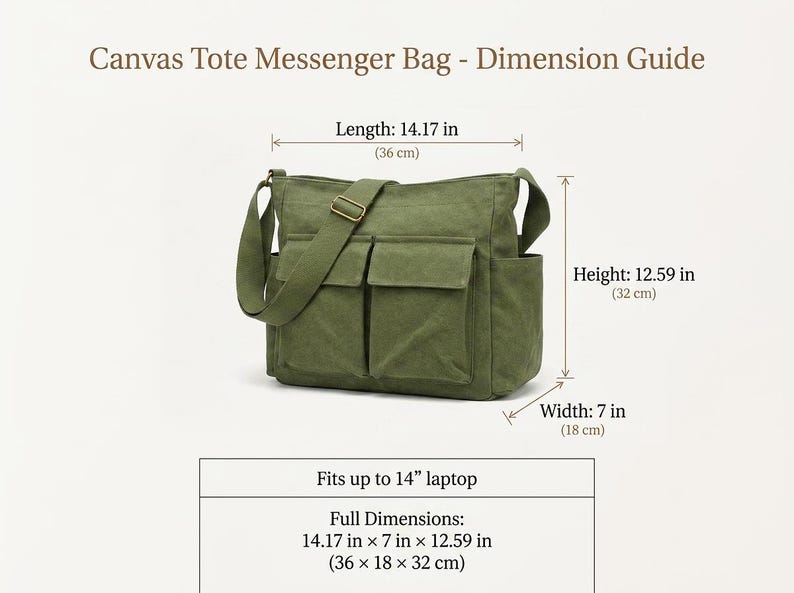 May include: Olive green canvas messenger bag with multiple pockets and an adjustable shoulder strap. The bag's dimensions are 14.17 inches in length, 7 inches in width, and 12.59 inches in height. The bag fits up to a 14-inch laptop.