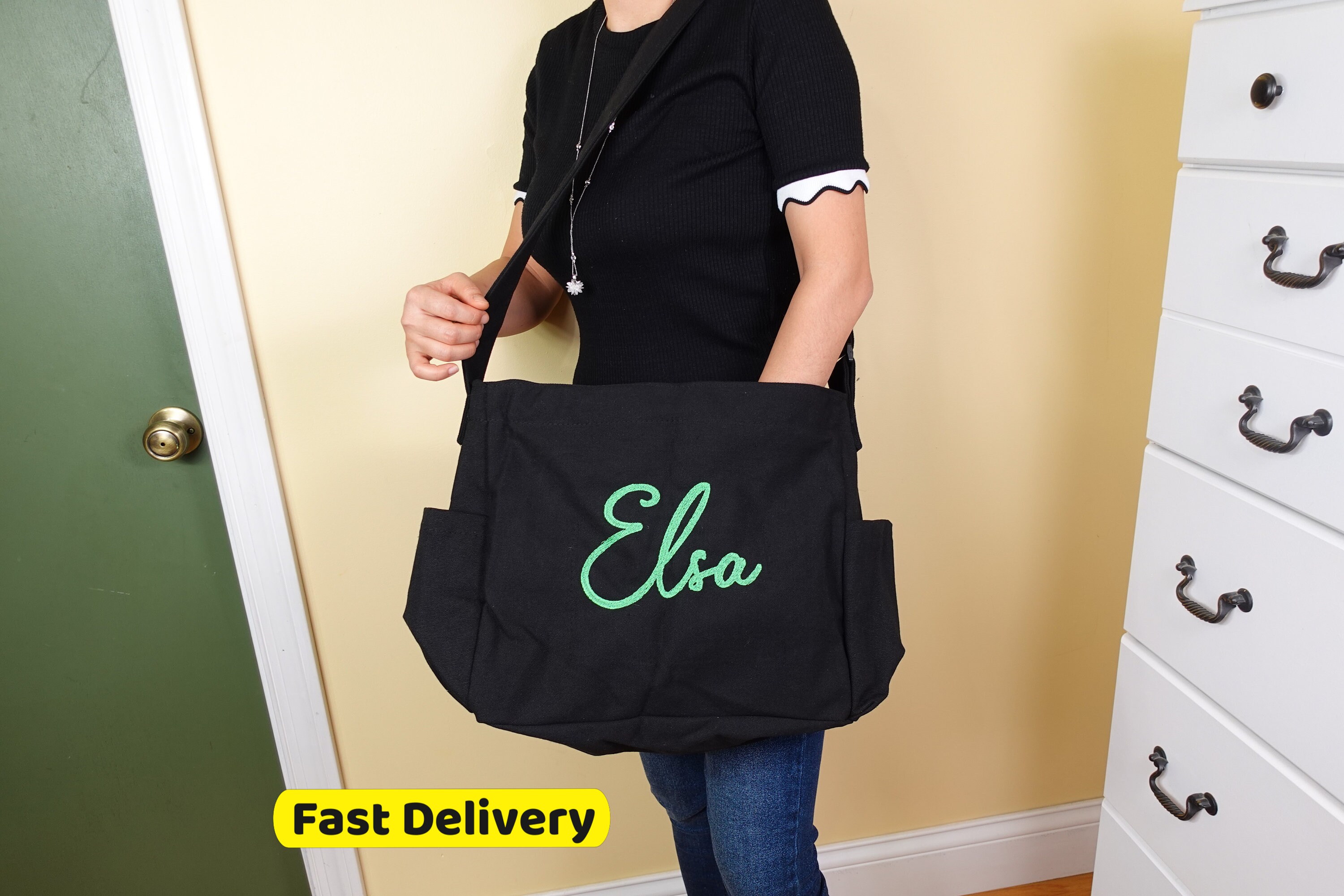 Embroidered Canvas Crossbody Tote Bag: Personalized Gifts with Zipper