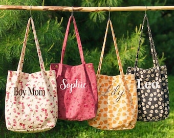 Bolsa de veludo cotelê floral personalizada, bolsa grande e elegante para o trabalho, lancheira charmosa, presente para ela, bolsa para faculdade.