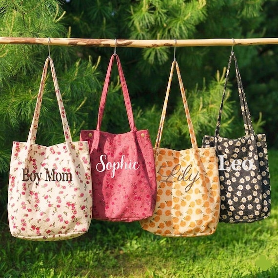 Personalized Floral Corduroy Tote Bag, Custom Name Embroidered Tote, Aesthetic Large Work Bag, Cute Lunch Bag, Gift for Her, College Totes