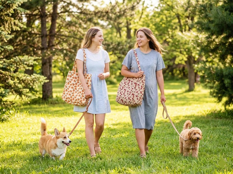 May include: Two people walking dogs in a park. They are carrying tote bags with floral and heart patterns. The dogs are on leashes. The scene is set on a sunny day with green grass and trees.