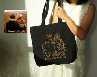 Bolso grande con bolsillos y bordado personalizado con foto familiar, ideal como regalo de aniversario de bodas, aniversario de amor o San Valentín.