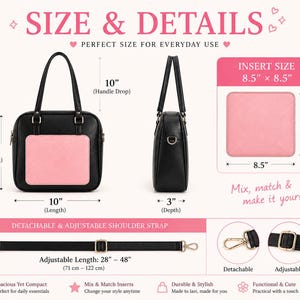 Puede incluir: Bolso de mano negro con un panel frontal rosa. El bolso mide 28 cm de alto, 25 cm de largo y 8 cm de profundidad. Tiene una ca&iacute;da de asa de 25 cm y una correa de hombro ajustable de 71 cm a 122 cm. El tama&ntilde;o del inserto es de 22 x 22 cm.