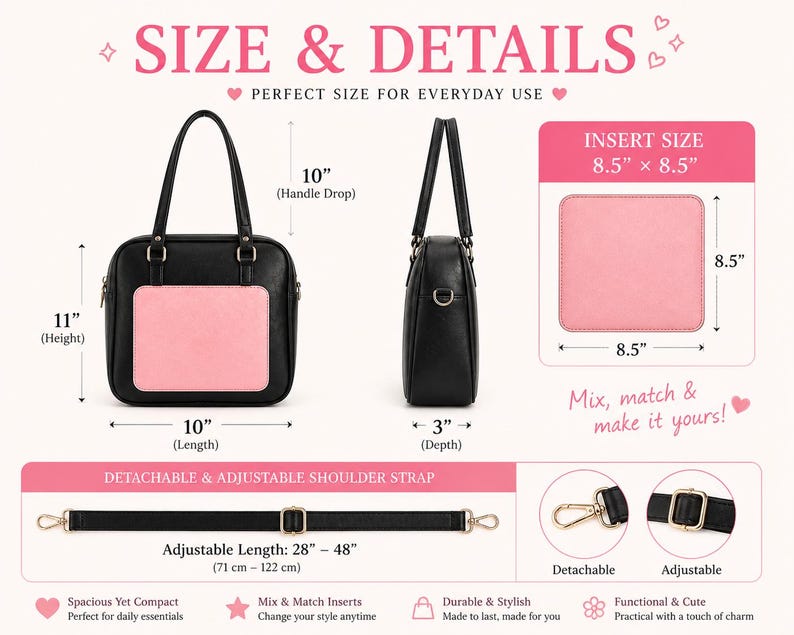 Puede incluir: Bolso de mano negro con un panel frontal rosa. El bolso mide 28 cm de alto, 25 cm de largo y 8 cm de profundidad. Tiene una ca&iacute;da de asa de 25 cm y una correa de hombro ajustable de 71 cm a 122 cm. El tama&ntilde;o del inserto es de 22 x 22 cm.