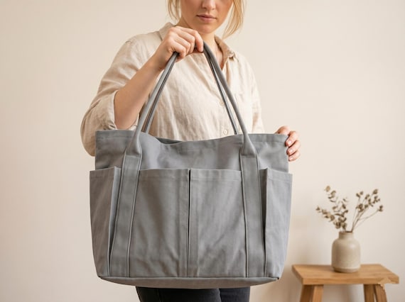 Minimalist Canvas Tote Bag with Pockets, Large Everyday Tote, Simple Casual Shoulder Bag, Clean Aesthetic Work Tote