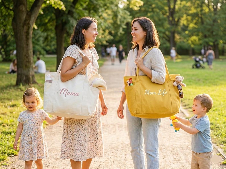 May include: Two women and two children are walking in a park. One woman carries a cream-colored tote bag with "Mama" printed on it. The other woman carries a yellow tote bag with "Mom Life" printed on it. The children are holding hands.