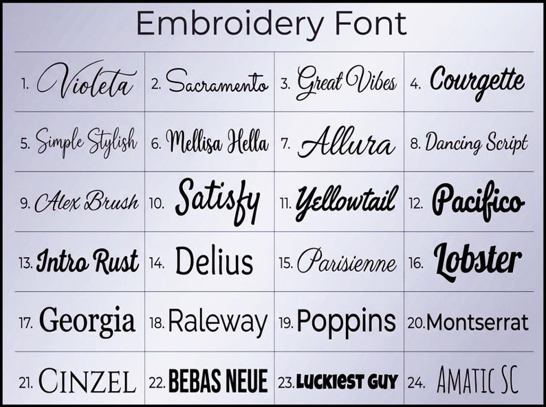K&ouml;nnte beinhalten: Ein Raster mit 24 verschiedenen Stickschriften, jede mit einem einzigartigen Stil. Die Schriftarten reichen von eleganten Skripten wie "Violeta" und "Sacramento" bis hin zu k&uuml;hnen, modernen Optionen wie "Lobster" und "Bebas Neue". Der Titel "Embroidery Font" steht oben.